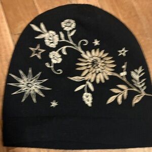 Johnny Was Black Knit Beanie with Metallic Gold Embroidery
